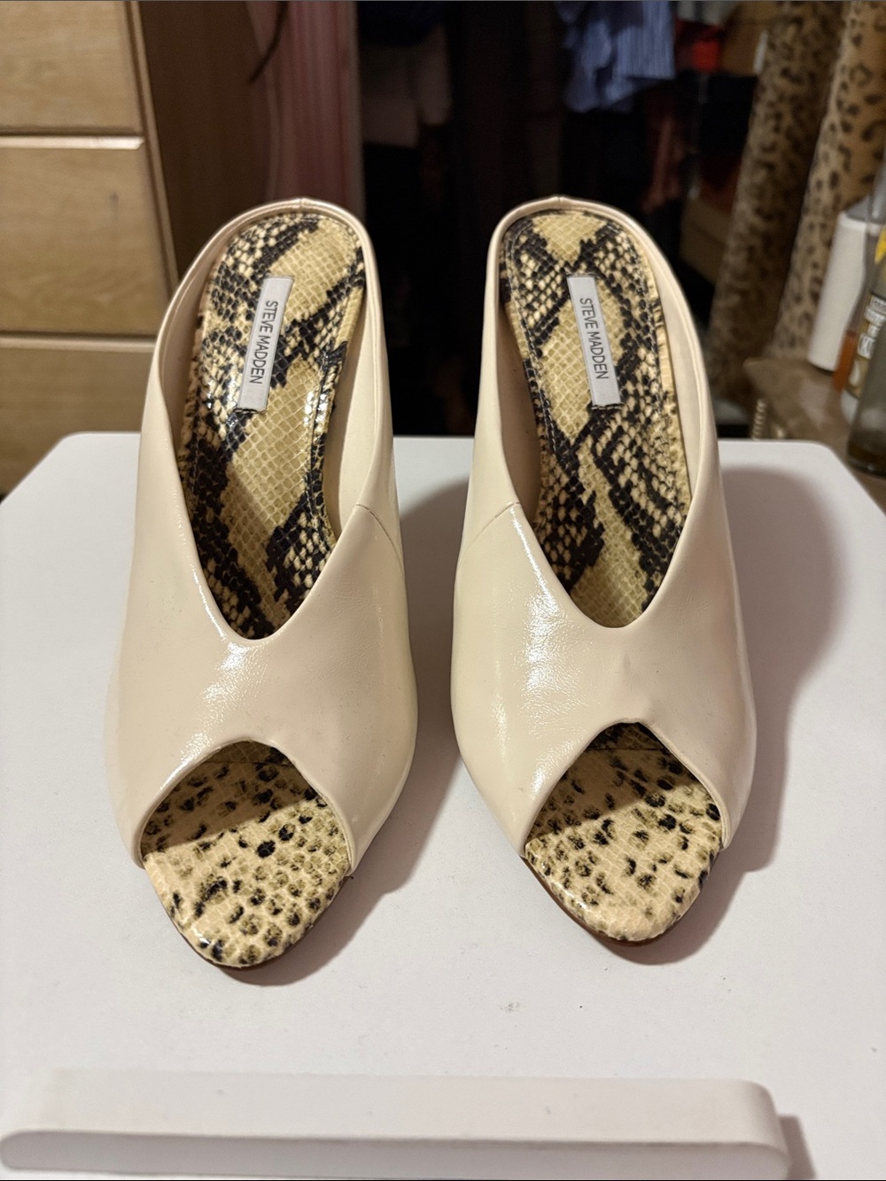Steve Madden Agaze Cream Open-Toe Mule with Snake-Print Insole
